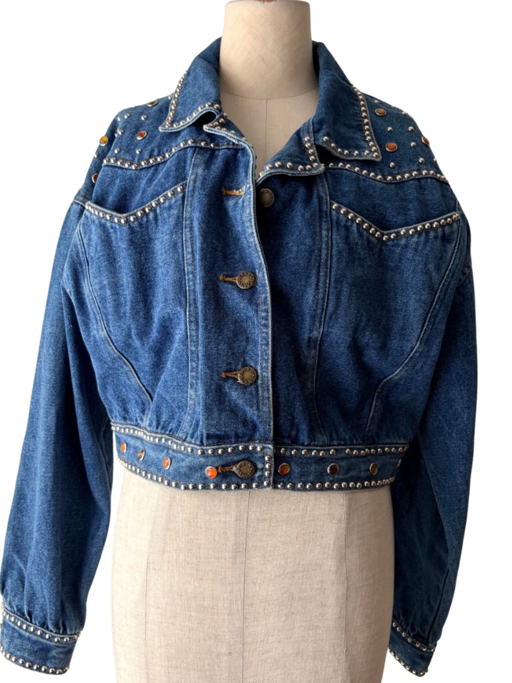 vintage 80s 90s denim blue jean crop silver carnelian stone studded jacket m